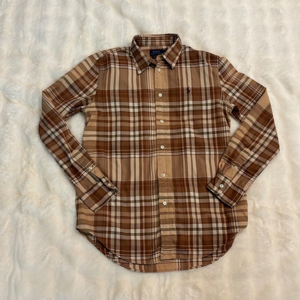 Polo Ralph Lauren Relaxed Fit Plaid Button Down Shirt Brown Tan Mens Small